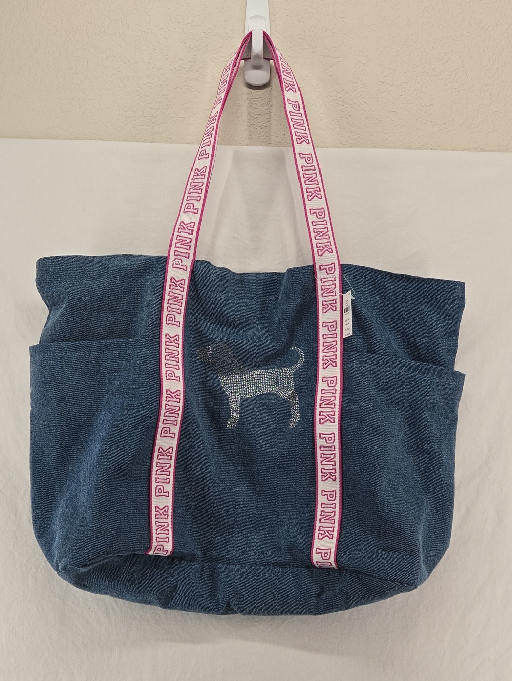 NWT PINK Victoria's Secret Denim Tote with Hot Pink Logo Straps